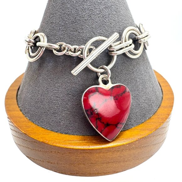 VTG Sterling Silver 925 Double Circle Red Jasper Heart Tag 7.75
